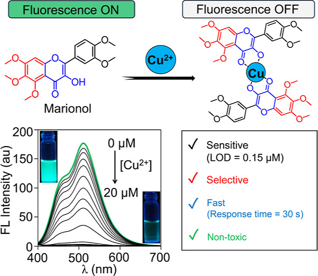 Naturally Occurring Flavonol, Quercetagetin 5,6,7,3′,4′-Pentamethyl Ether (Marionol), as a Nontoxic Plant-Based Fluorescent Probe for Rapid, Sensitive, and Selective Detection of Cu2+ in Water