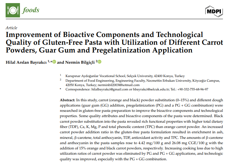 Improvement of Bioactive Components and Technological Quality of Gluten-Free Pasta with Utilization of Different Carrot Powders, Guar Gum and Pregelatinization Application